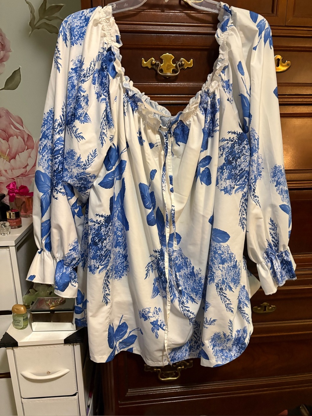 Blue Floral Peasant Blouse - Women's Relaxed Fit